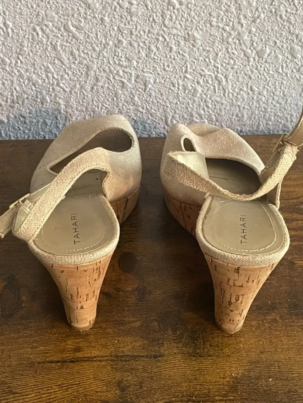 Tahari Woven Cork Wedges – Neutral Peep Toe – Size 9 (Light Wear)